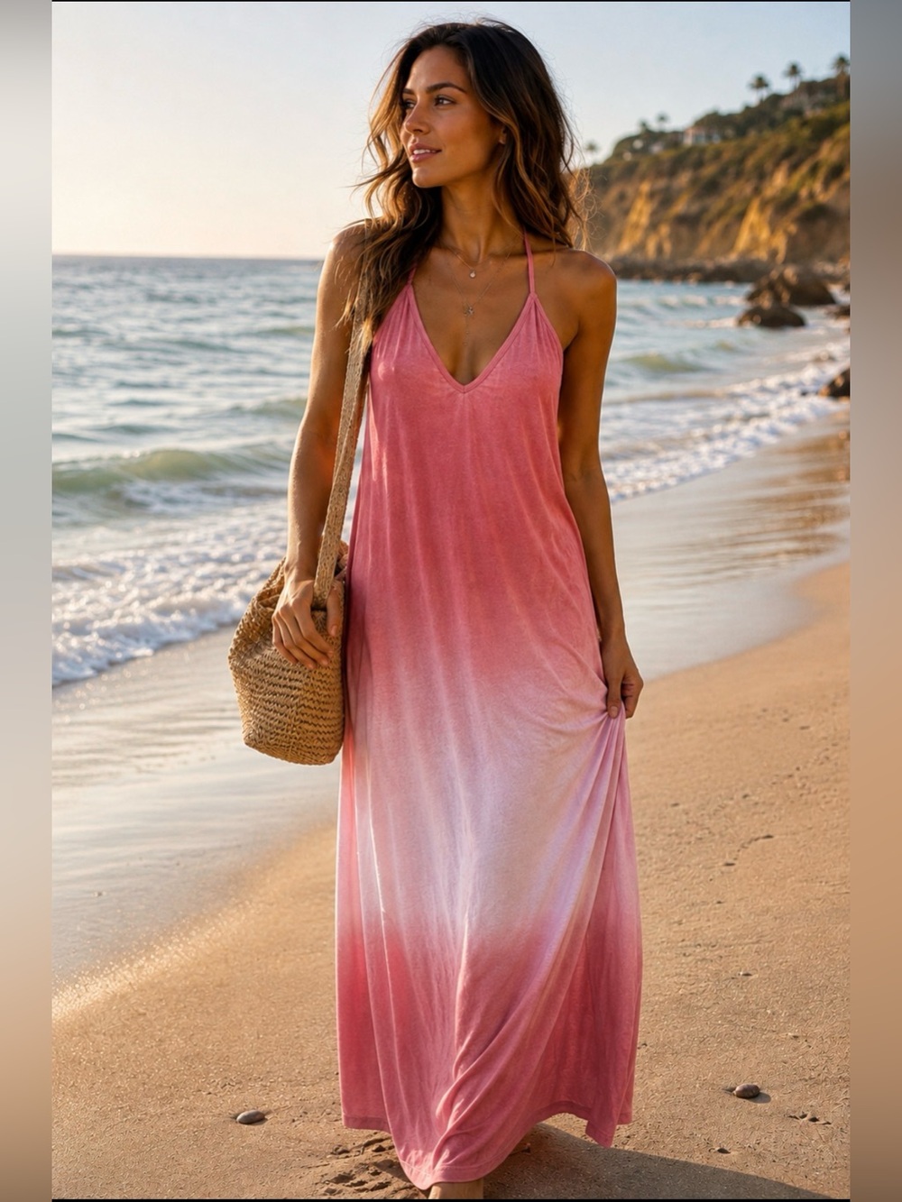 American Twist Los Angeles Pink Ombre Halter Maxi Dress Small Made in USA